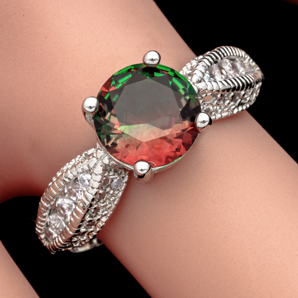 Round Watermelon Simulated Tourmaline CZ Silver Jewelry Women Ring Size 7 8 9