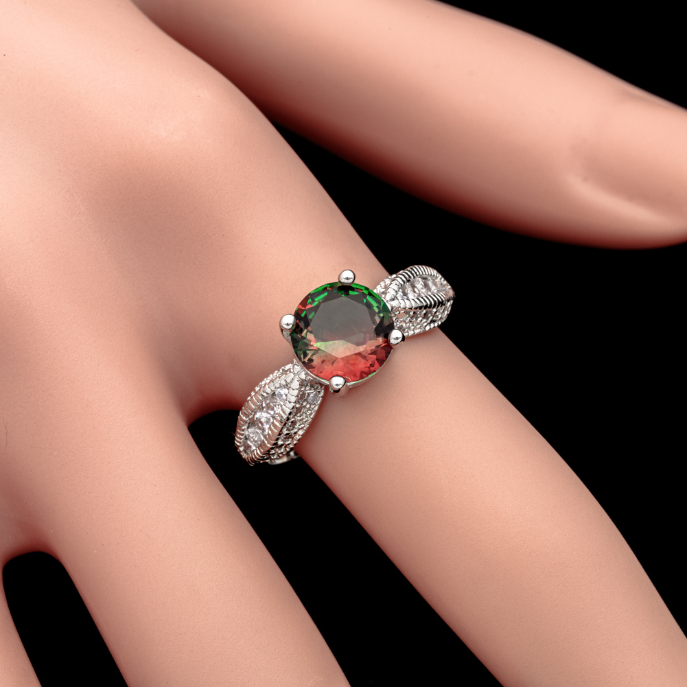 Round Watermelon Simulated Tourmaline CZ Silver Jewelry Women Ring Size 7 8 9