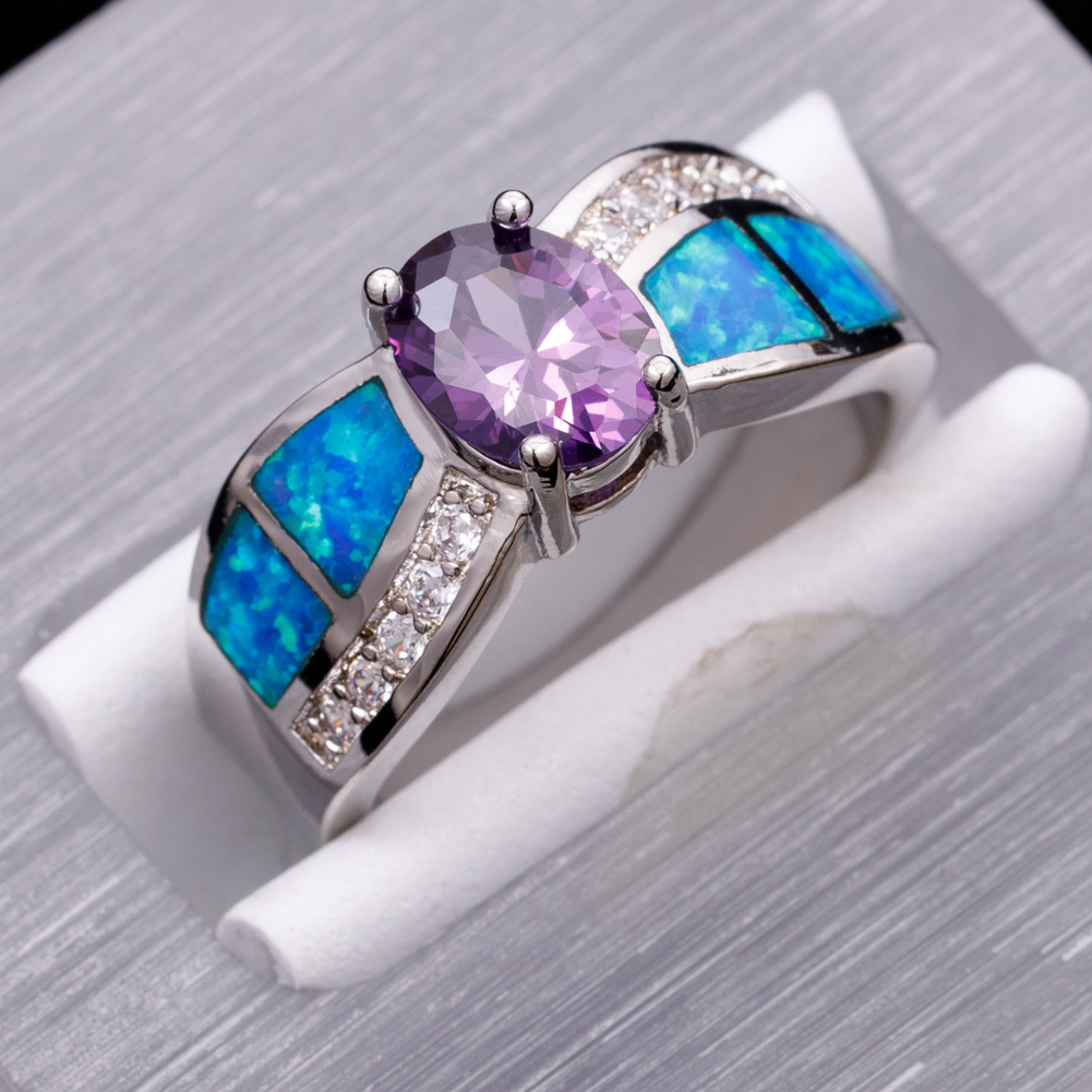 6x8mm Oval Amethyst Ocean Blue Fire Opal Silver Jewelry Ring Size 7 9 ...