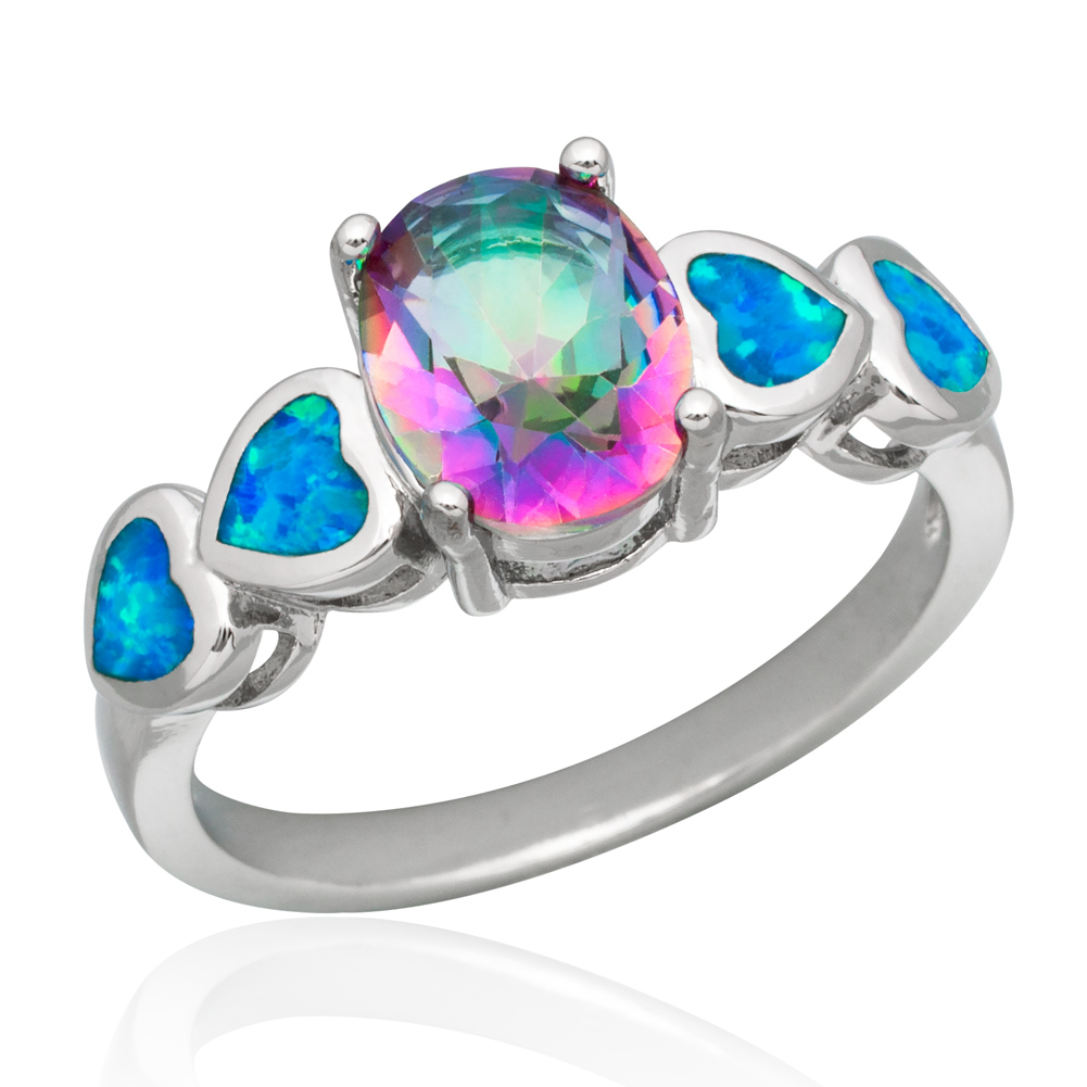 7×9 Rainbow Mystic Topaz Blue Fire Opal Silver Jewelry Women Ring Size 7 8