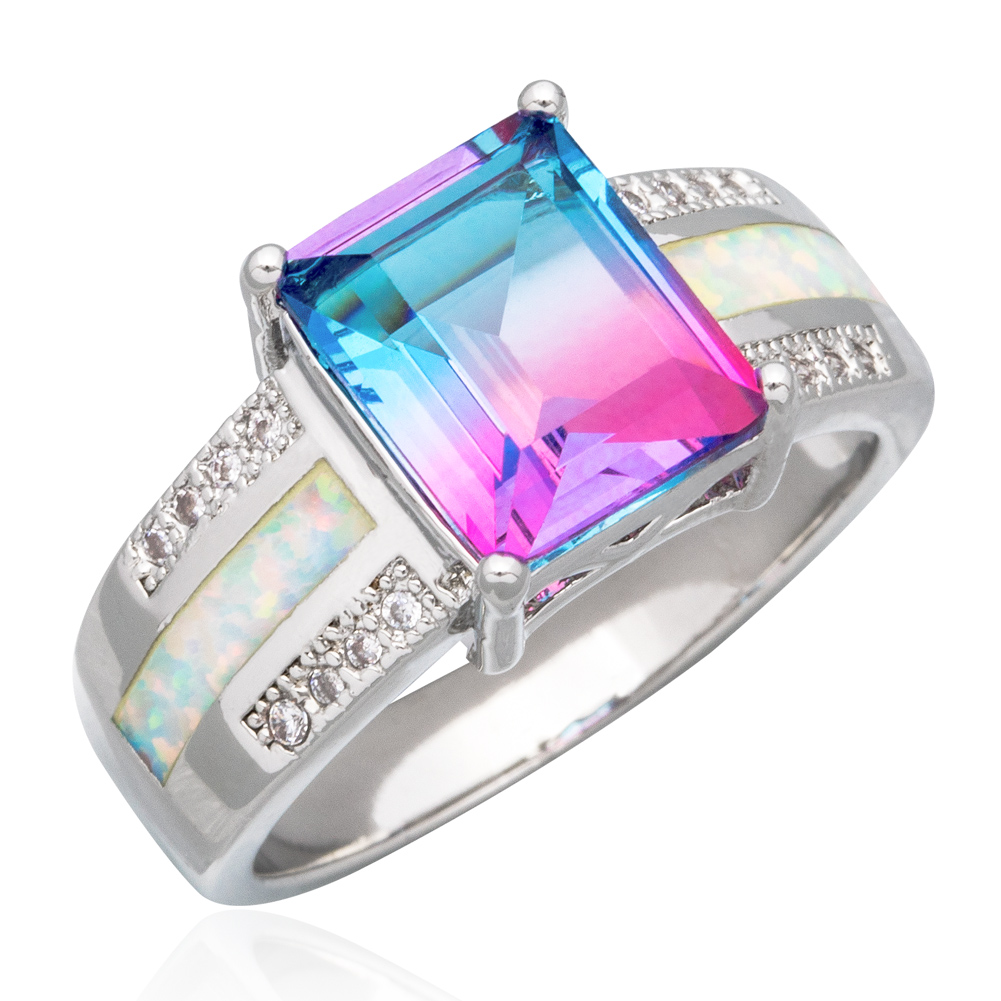 8×10 Purple-Blue Simulated Tourmaline White Fire Opal Silver Jewelry Ring 7 8 9